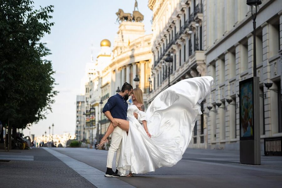 Flying Dress Photoshoot in Madrid - Royal Palace Area and Plaza de Oriente: Wind, Timing, and Big City Drama