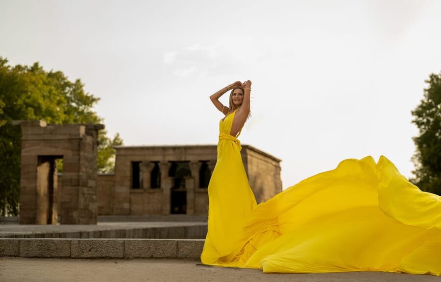Flying Dress Photoshoot in Madrid - Almudena Cathedral Backdrop: Classic Architecture Meets Motion